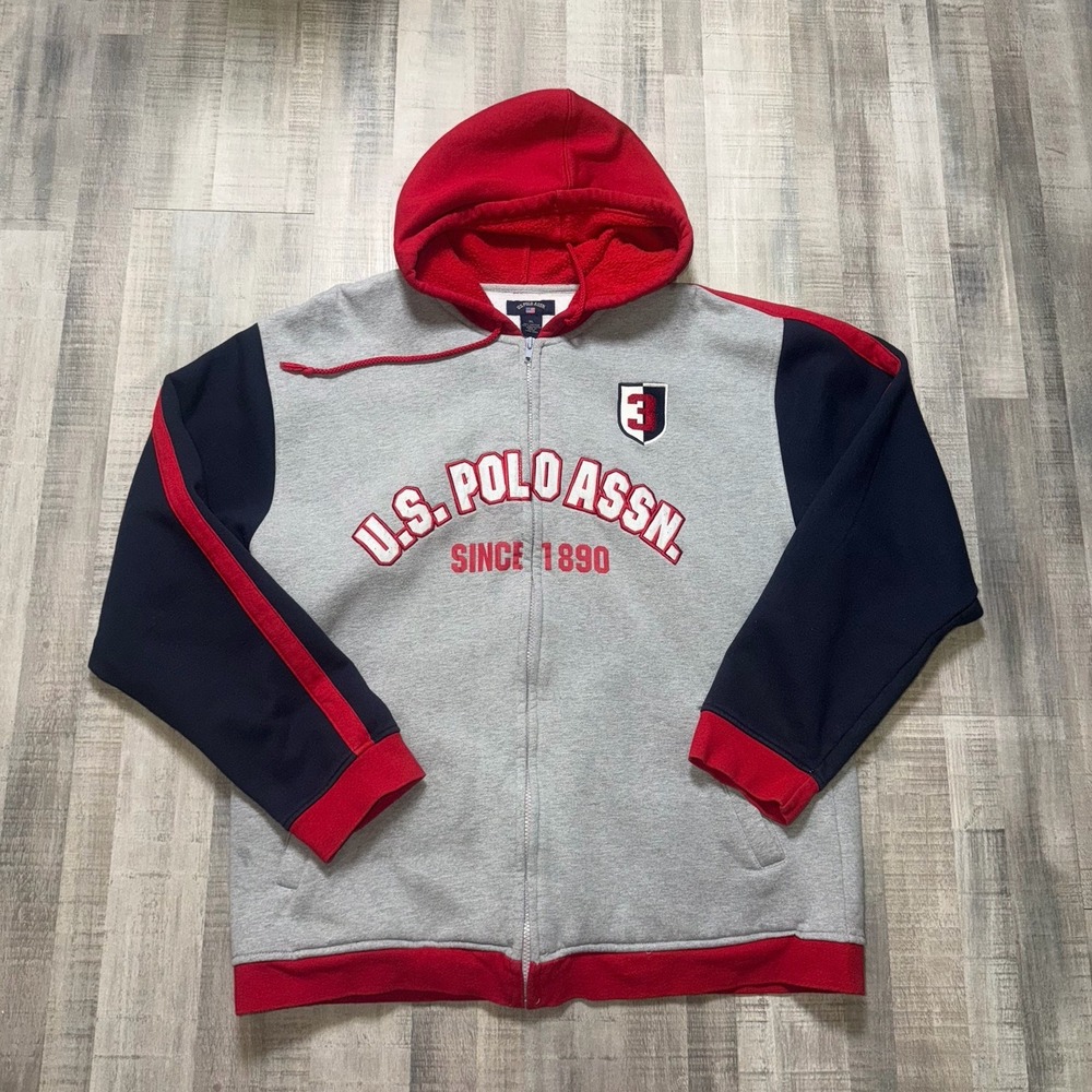 U.S. Polo Assn. Hoodie Mens X Large White Gray Full Zip Up Hoodie 3 Logo